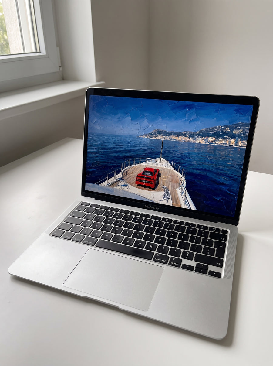 Vellum wallpaper on a MacBook Air on a white desk