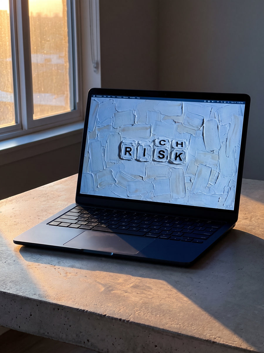 Vellum wallpaper on a MacBook by a window at sunrise