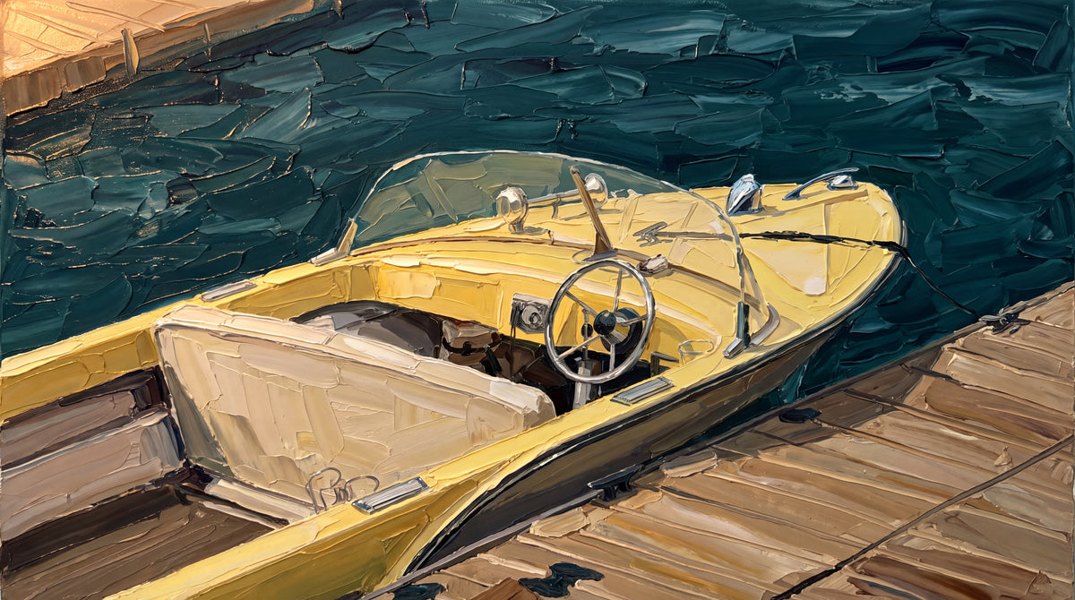 Impasto painting of a yellow Riva speedboat moored on dark green water